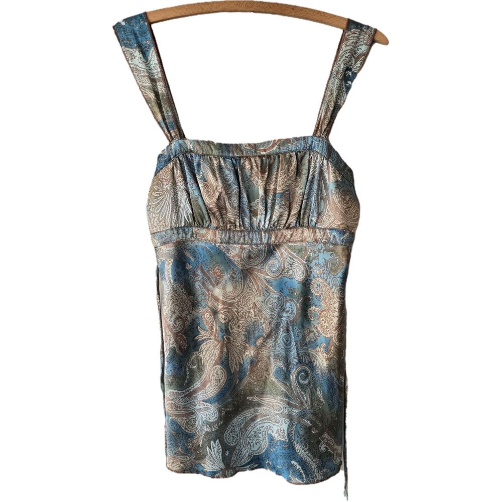 Vintage Y2K Self Esteem Babydoll Tank Satin Tie Ruched Paisley Brown Fairy Boho